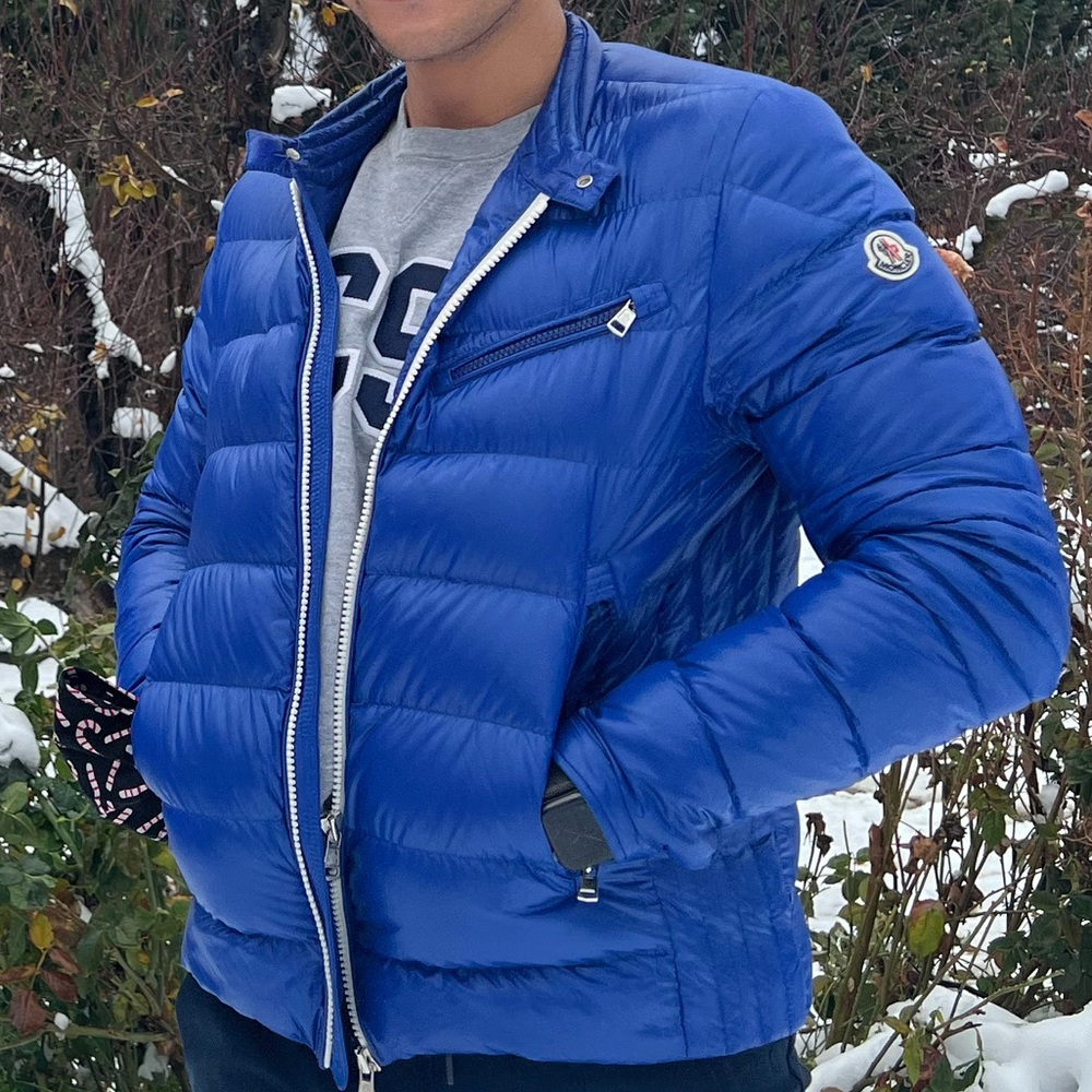 Moncler Blue Puffer Jacket with Glossy Finish